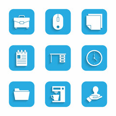 Set Office desk, Coffee machine, Hand for search people, Clock, Document folder, Spiral notebook, Post stickers and Briefcase icon. Vector