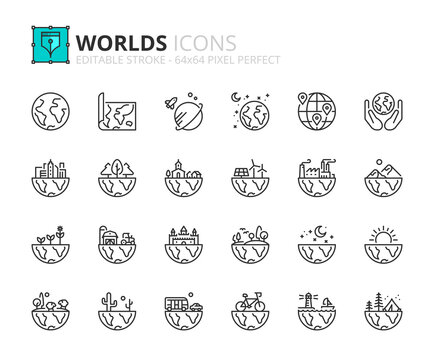 Simple set of outline icons  about worlds and landscapes