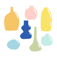 Modern vases vector illustration with colored glass bottles and jars transparent. Ikebana minimalist background. Trendy print for package branding, social media, greeting