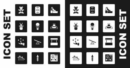 Set Water slide, Hot air balloon, Magician hat and rabbit, Teddy bear plush toy, Fountain, Hockey table, Ticket box office and Juggling icon. Vector