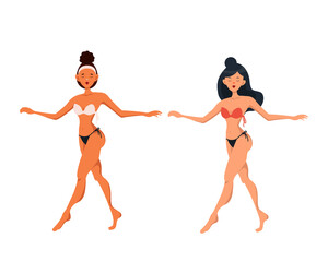 Happy women with slim body in swimwear. A thin person in a swimsuit. Beautiful summer women in swimsuits. Vector illustration. Vacation concept.