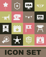 Set Calendar with date July 4, Barbecue grill, USA on laptop, Independence day, Cannon, Trumpet, Balloon and Carnival garland flags icon. Vector