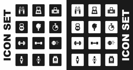 Set Sport bag, Racket and ball, Kettlebell, Jump rope, Stopwatch, Weight, Tennis and Dumbbell icon. Vector