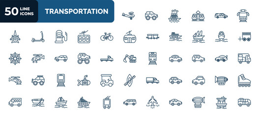 set of 50 transportation web icons in outline style. thin line icons such as crop duster, tram front view, vintage bicycle, boat front view, monster truck, hatchback, metro, compact car, airliner, - obrazy, fototapety, plakaty