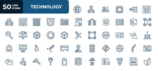 set of 50 technology web icons in outline style. thin line icons such as internet traffic, user interface, selector, virtual box, colory theory, user persona, click through rate, version control, - obrazy, fototapety, plakaty