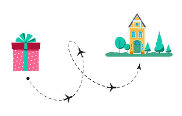 Dotted path that can be used to send an airmail gift or package. Way to anywhere. Air mail. Parcel delivery to the house. Vector illustration isolated on white background.