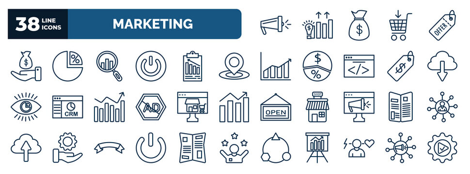 set of marketing web icons in outline style. thin line icons such as campaign, sales, analyze, place, download from cloud, online store, flyer, off, behavior, viral vector.