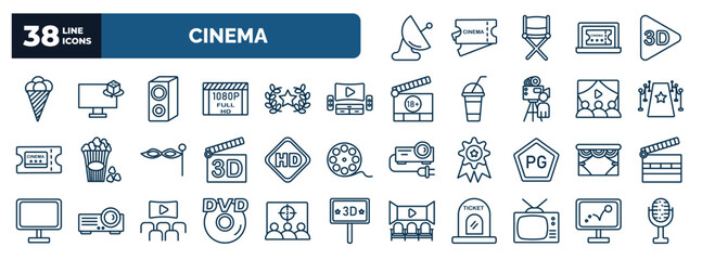 set of cinema web icons in outline style. thin line icons such as satellite tv dish, stripped ice cream cone, loud woofer box, home theater, red carpet, hd video, cinema curtains, hd dvd, television