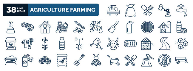 set of agriculture farming web icons in outline style. thin line icons such as combine harvester, manure, farm house, vegetables, milk products, weather vane, roak, seed bag, wood chop, pesticide - obrazy, fototapety, plakaty