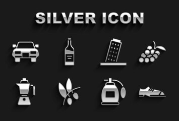 Set Olives branch, Grape fruit, Men shoes, Perfume, Coffee moca pot, Tower in Pisa, Car and Bottle wine icon. Vector