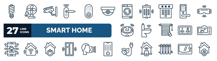 set of smart home web icons in outline style. thin line icons such as illumination, smart lock, home devices, handle, smart toilet, thermostat, power, zero emission vector.