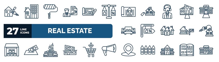 set of real estate web icons in outline style. thin line icons such as rent, tenant, blueprint, house front view, for sale, house key, industrial park, map location vector.