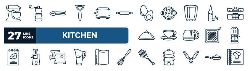 set of kitchen web icons in outline style. thin line icons such as mixer, peeler, eggs, olive oil, saucer, coffee maker, meat grinder, honey dipper vector.