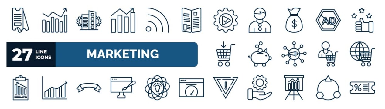 set of marketing web icons in outline style. thin line icons such as eticket, trend, execution, ad blocker, pig bank, web shop, banner, yield vector.