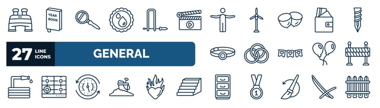 Set Of General Web Icons In Outline Style. Thin Line Icons Such As Pair Of Binoculars, Save Water Badge, Man With Open Arms, Card Wallet, Interlocking Rings, Traffic Barriers, Clockwise, Office