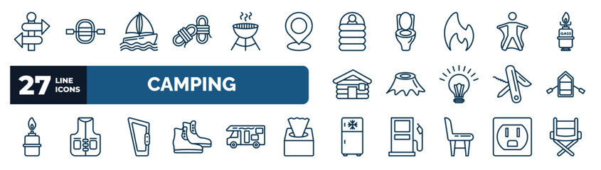 set of camping web icons in outline style. thin line icons such as direction, rope, sleeping bag, wingsuit, stump, inflatable boat, carabiner, freezer vector.