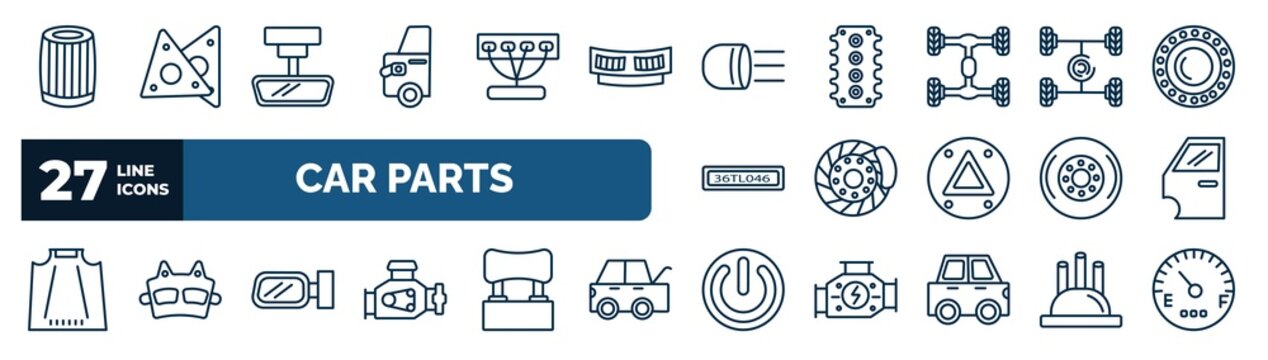 set of car parts web icons in outline style. thin line icons such as car oil filter, car petrol cap, headlight, suspension, disc brake, door, wing mirror, ignition vector.