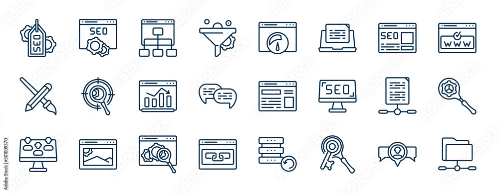 Poster set of search engine optimization web icons in outline style. thin line icons such as tags, funnel, 