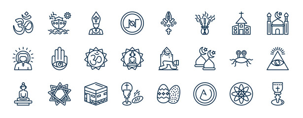 set of religion web icons in outline style. thin line icons such as hinduism, nihilism, christianity, hamsa, prayer, cao dai, islam, asceticism vector.