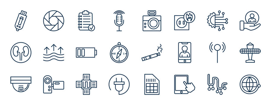 set of technology web icons in outline style. thin line icons such as inclined pendrive, radio microphone, technology, evaporation, electronic cigarette, solar plane, naensor, tablet with picture