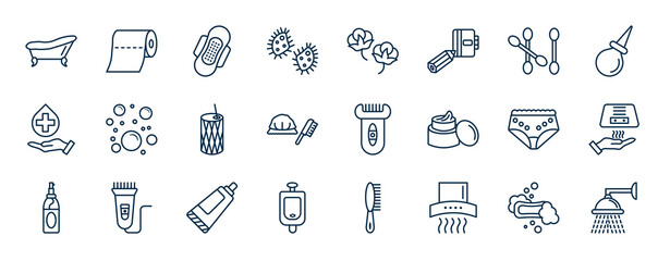 set of hygiene web icons in outline style. thin line icons such as bathroom, microbes, cotton swab, bubbles, depilator, drying hands, tooth paste, extractor vector. - obrazy, fototapety, plakaty