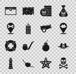 Set Skull on crossbones, Pirate hat, Location pirate, coin, Dynamite bomb, Antique treasure chest and Cannon icon. Vector