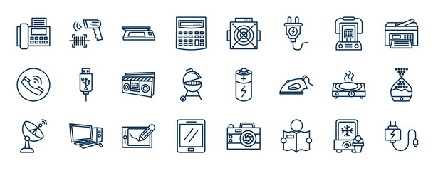 set of electronic devices web icons in outline style. thin line icons such as fax, calculator, heater, usb, battery, humidifier, graphic tablet, book reader vector. - obrazy, fototapety, plakaty