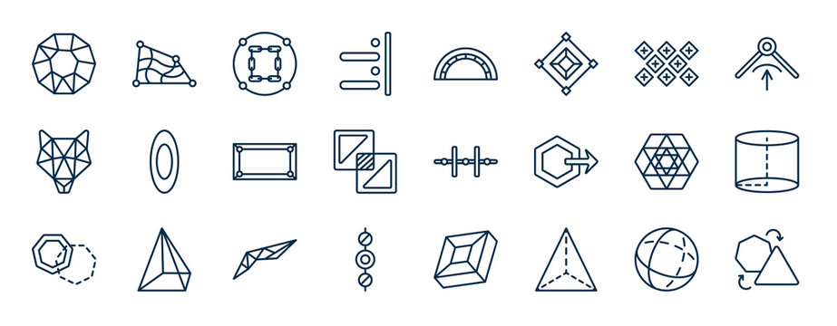set of geometric figure web icons in outline style. thin line icons such as polygon, right alignment, tile, oval, vertical alignment, cylinder, polygonal wings, tetrahedron vector.