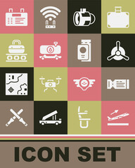 Set Plane takeoff, Airline ticket, propeller, Jet engine turbine, Fuel tanker truck, Conveyor belt with suitcase, Airport board and Passport icon. Vector