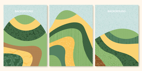 Abstract rice field with green texture vector illustration background. Set of mountain agriculture landscape poster. Ecology countryside, hill shape, decoration collection of eco farmland, nature art