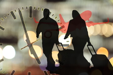 Rasterized abstract blurred transportation silhouette, collage of couple with luggage walking at airport, pixel art clock, airplane and blurred bright lights on background. Free space for your text.