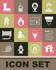 Set Fire in burning house, hose reel, Smoke alarm system, Location with fire flame, No, boots and Evacuation plan icon. Vector