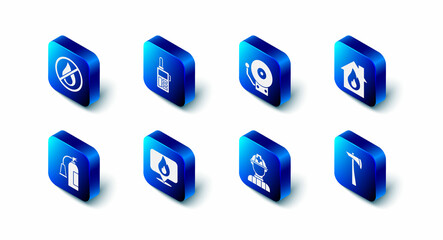 Set Walkie talkie, Ringing alarm bell, Fire burning house, Firefighter axe, Location with fire flame, extinguisher and No icon. Vector