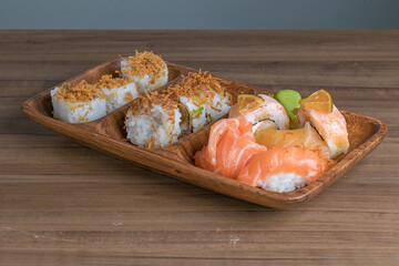 wooden tray with sushi
