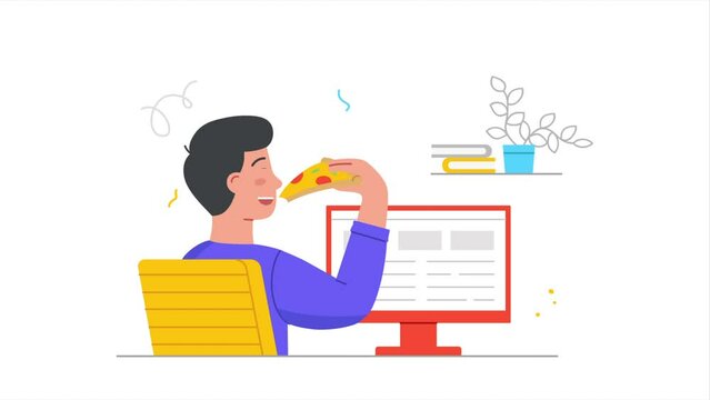 Person eats delicious food video concept. Moving man sitting at his workplace in front of computer and eating Italian pizza. Lunch or snack in office. Flat graphic animated cartoon in doodle style