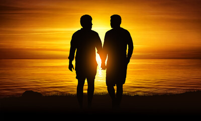 Gay couple holding hands on the beach at sunset