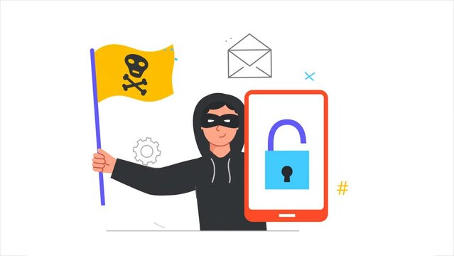 Internet fraud and hacker attack video concept. Moving male fraudster steals personal information and passwords. Cybercriminal gets access to smartphone. Flat graphic animated cartoon in doodle style
