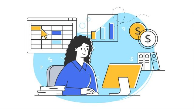 Different professions video concept. Moving woman accountant or financial adviser analyzes company sales statistics and works at computer. Business and entrepreneurship. Flat graphic animated cartoon