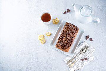 Banana bread with chocolate filling and chocolate drops on the top