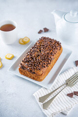 Banana bread with chocolate filling and chocolate drops on the top