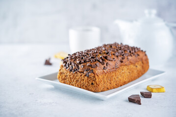 Banana bread with chocolate filling and chocolate drops on the top