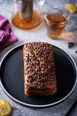 Banana bread with chocolate filling and chocolate drops on the top