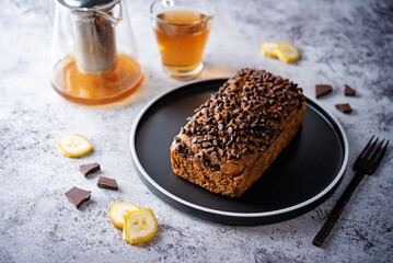 Banana bread with chocolate filling and chocolate drops on the top