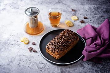Banana bread with chocolate filling and chocolate drops on the top