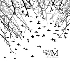 Tree branches and a flock of flying birds. Vector illustration