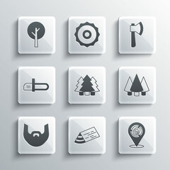 Set Wooden beam, logs, Christmas tree, Mustache and beard, Chainsaw, Tree and axe icon. Vector
