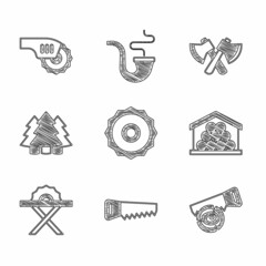 Set ircular saw blade, Hand, log, Wooden logs, Electric circular, Christmas tree, axe and icon. Vector
