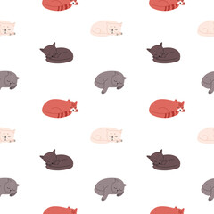 Cute hand-drawn feline texture. Sleeping cats on a seamless pattern. Vector wallpaper with kittens that lie resting. Flat style.
