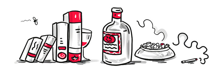 Sketch drawings of still life from books, drinks and cigarettes