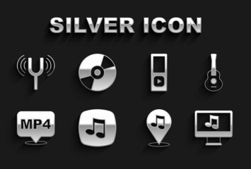 Set Music note, tone, Guitar, Computer with music, Location musical, MP4 file document, player, Musical tuning fork and Vinyl disk icon. Vector